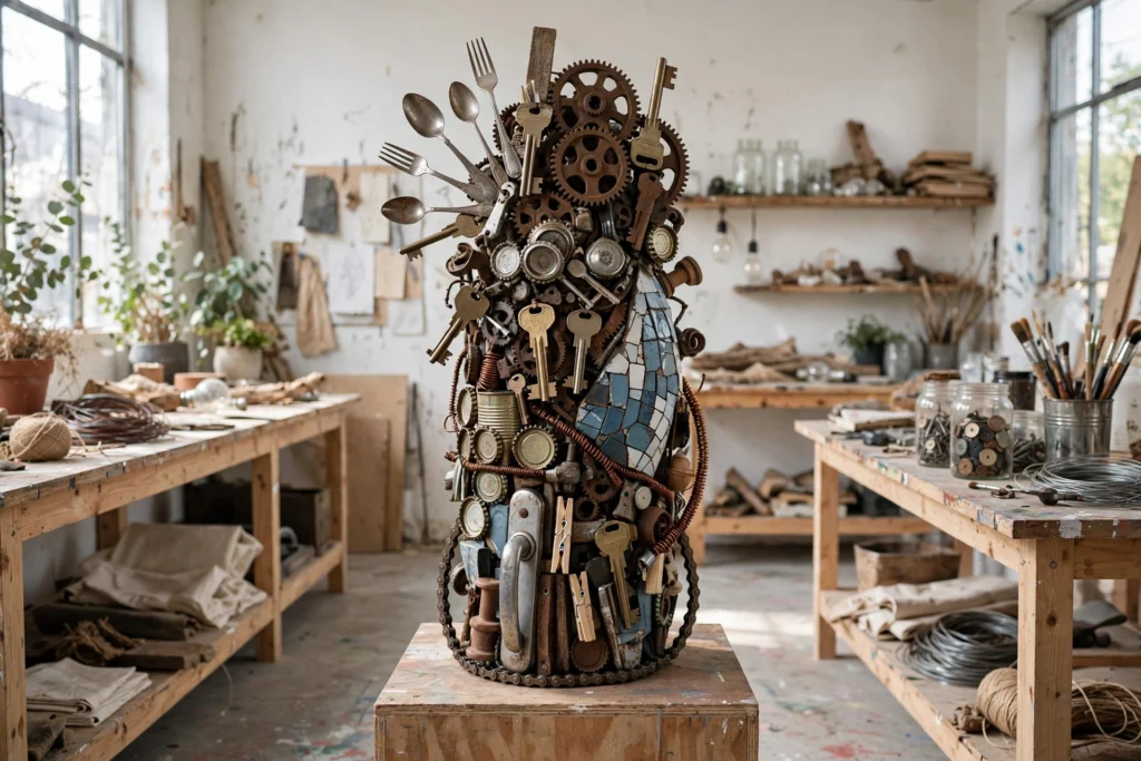 Sala luminosa allestita per un laboratorio di riuso creativo, con tavoli, attrezzi e materiali di recupero