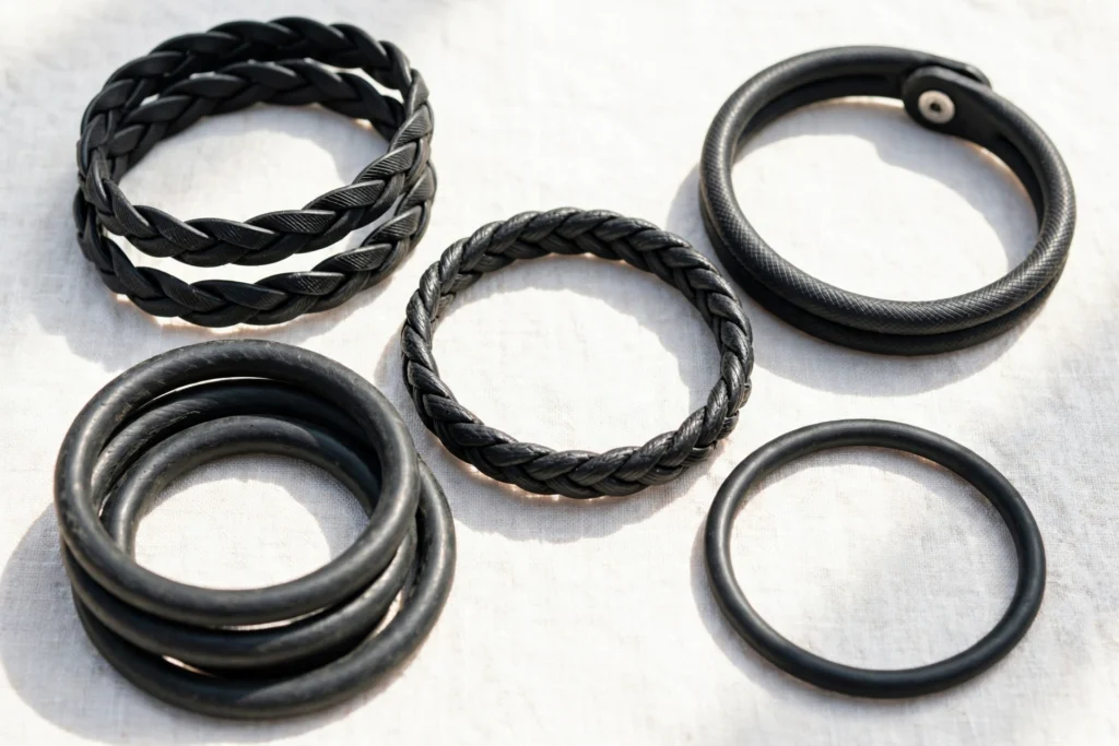 Bracciali finiti realizzati con camera d'aria di bicicletta riciclata, su superficie chiara in luce naturale