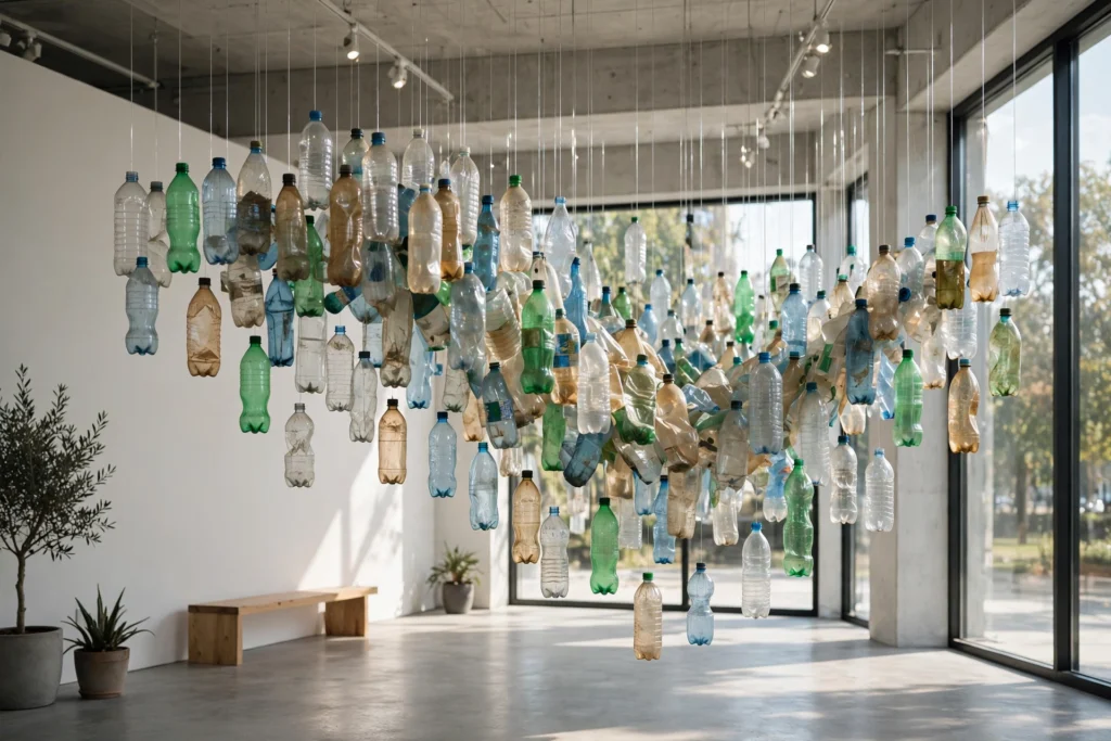 Installazione artistica con bottiglie di plastica riciclate sospese in una galleria luminosa