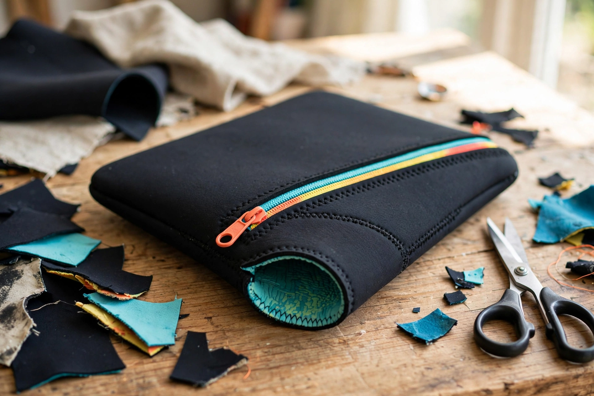 Custodia per laptop realizzata con neoprene di una muta riciclata