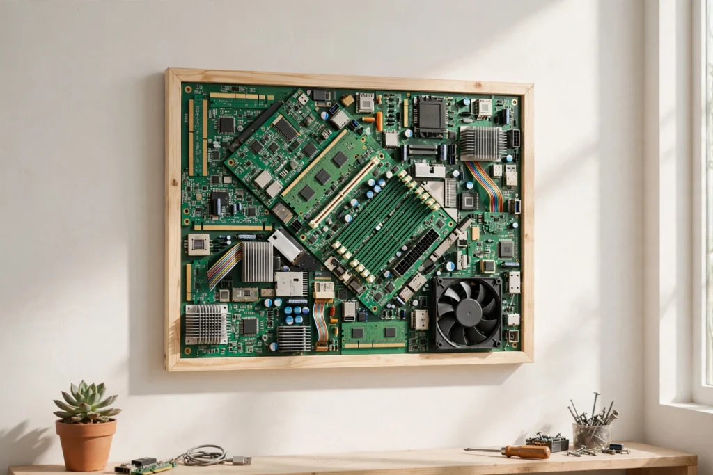 Quadro di arte assemblata con schede elettroniche riciclate