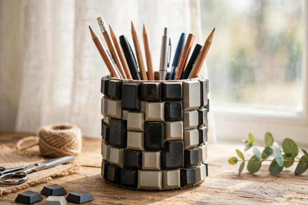 Organizer da scrivania costruito con i tasti di una vecchia tastiera
