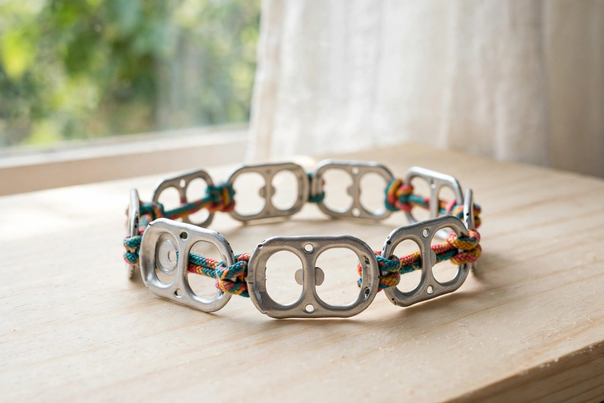 Bracciale intrecciato realizzato con anelli di lattine