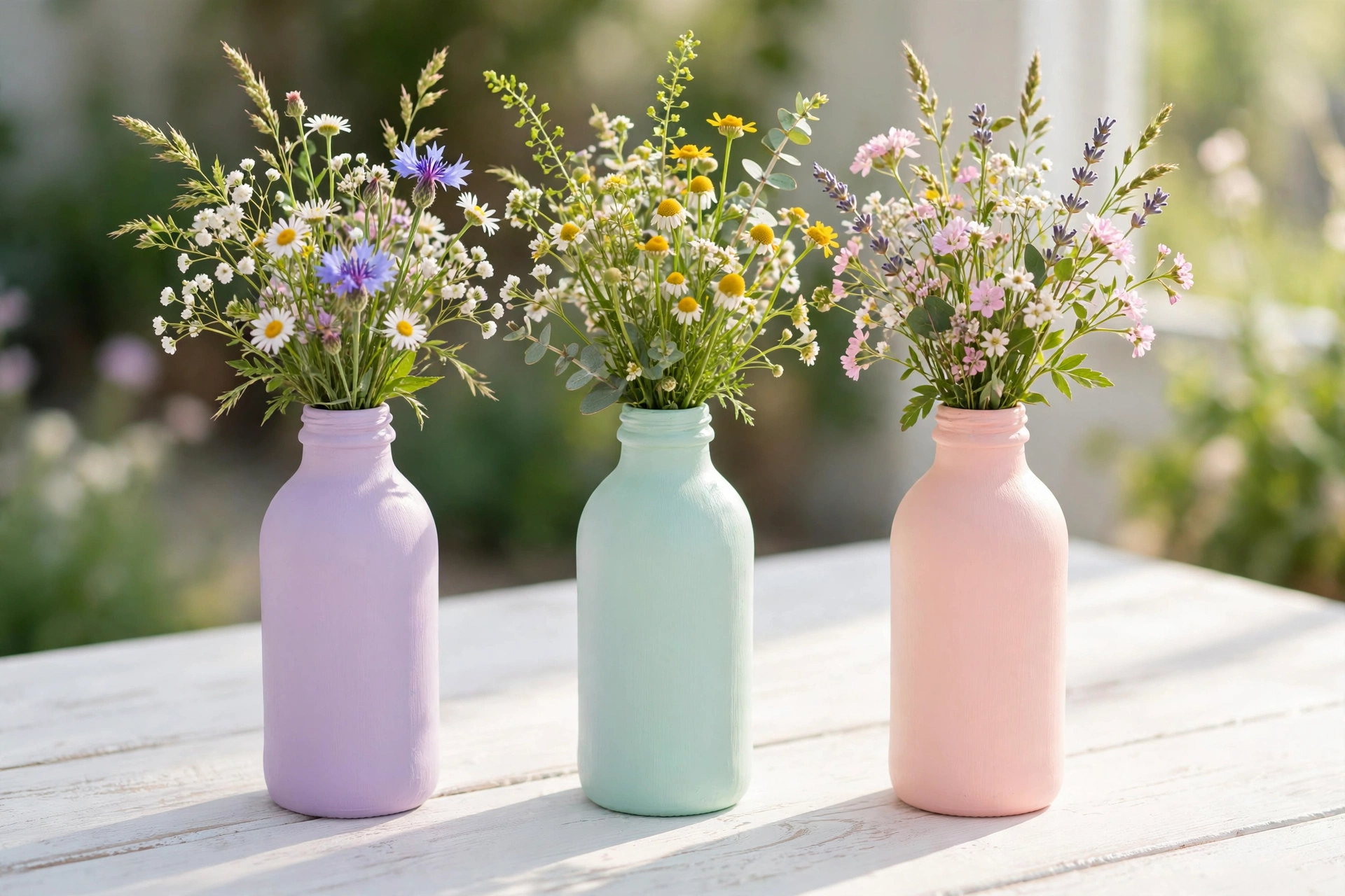 Bottiglie di vetro dipinte usate come vasi per fiori