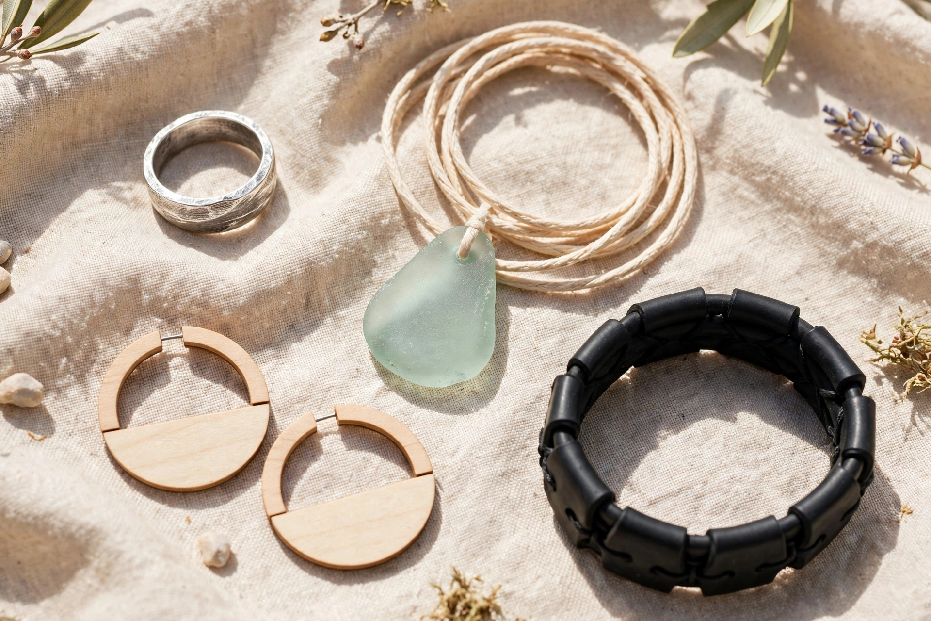 Eco gioielli creativi artigianali, anello in argento riciclato, collana in vetro di mare, orecchini in legno e bracciale in gomma riciclata