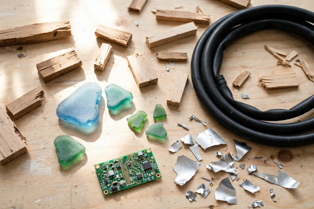 Materiali di recupero per creare eco gioielli, vetro di mare, legno, camera d'aria, circuiti elettronici e argento