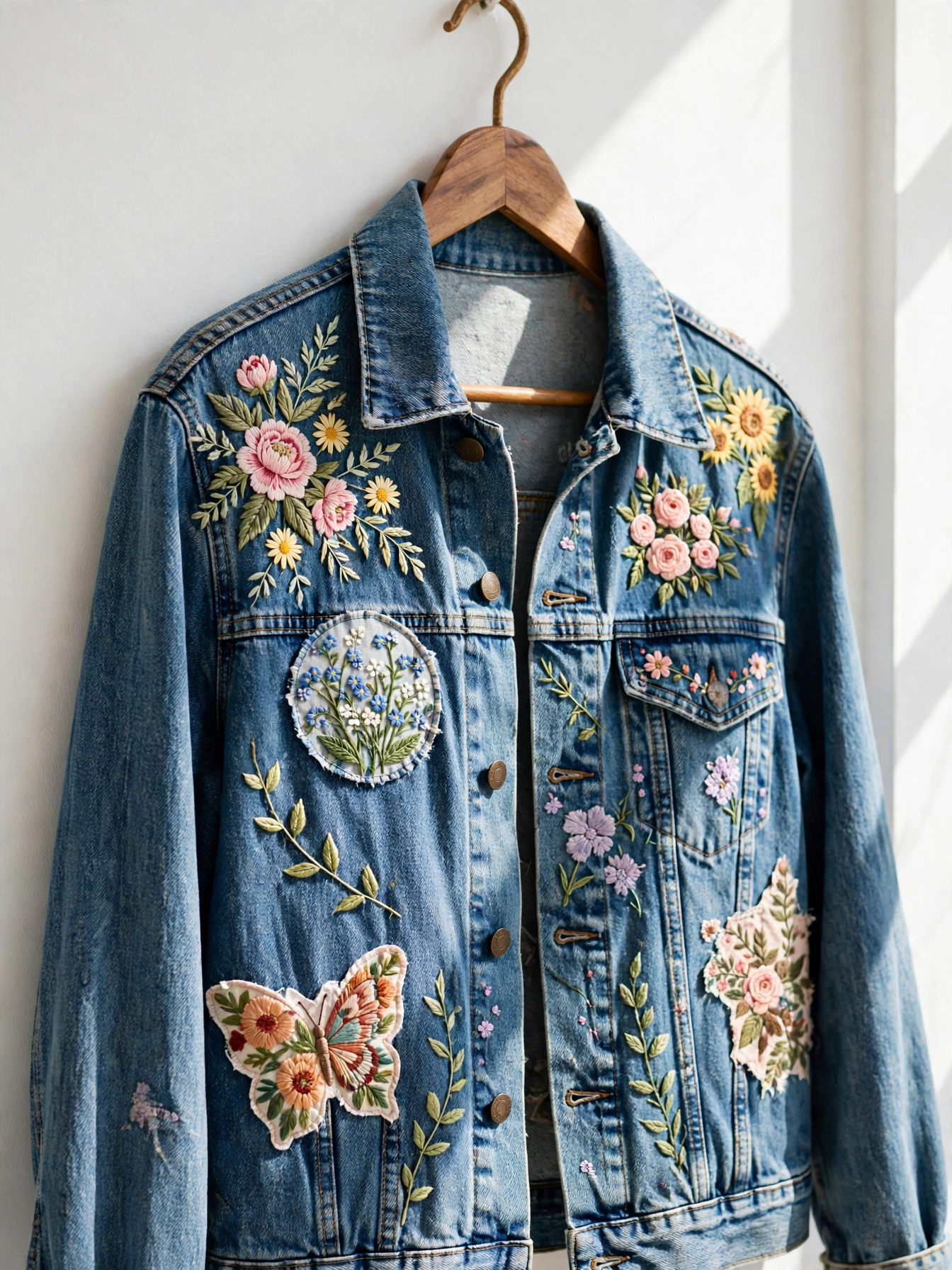 Giacca jeans personalizzata con ricamo e toppe di recupero