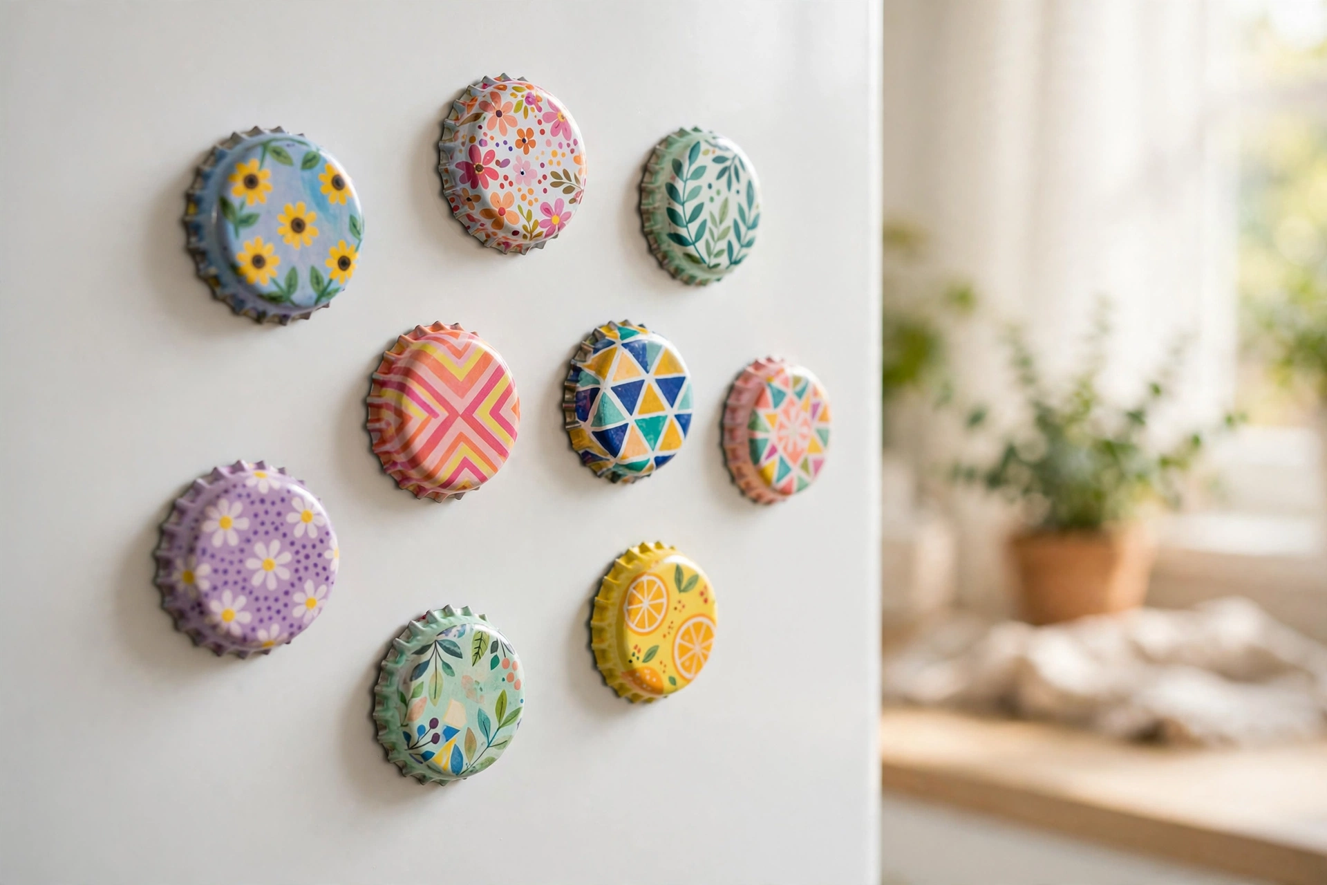 Calamite decorative per il frigo realizzate con tappi a corona colorati