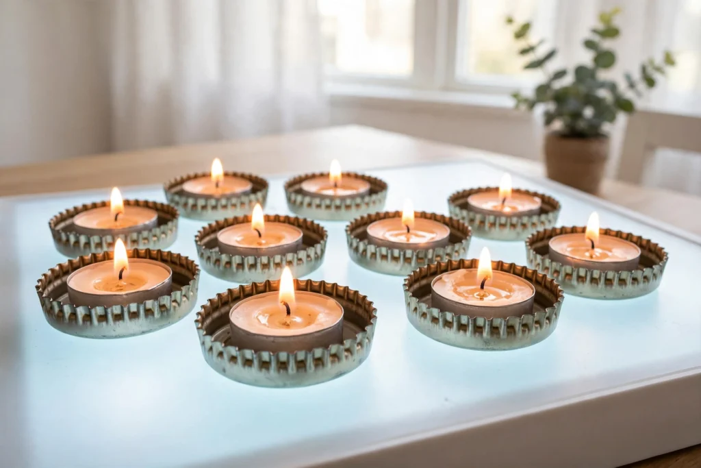 Portacandele per tealight realizzati con tappi a corona capovolti