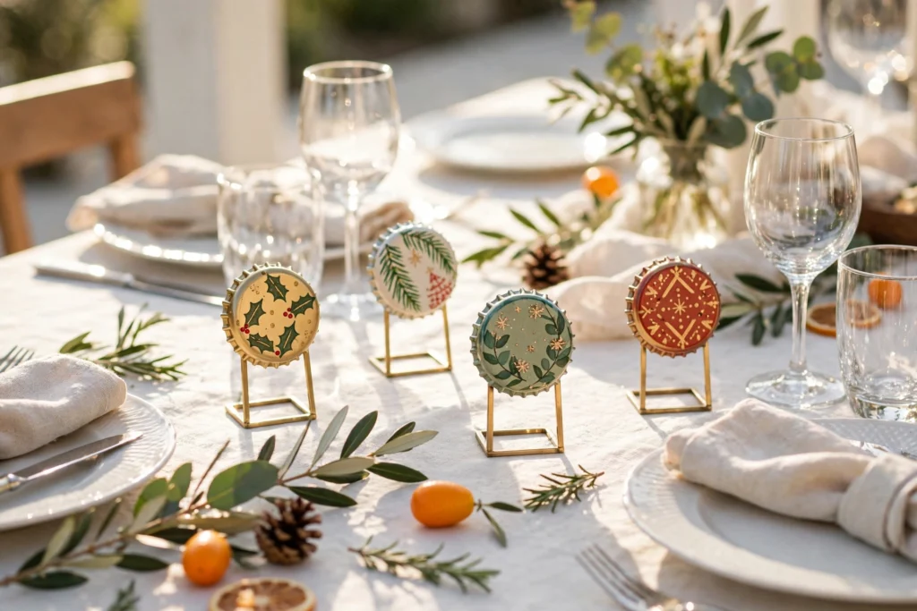Segnaposto per la tavola realizzati con tappi a corona decorati