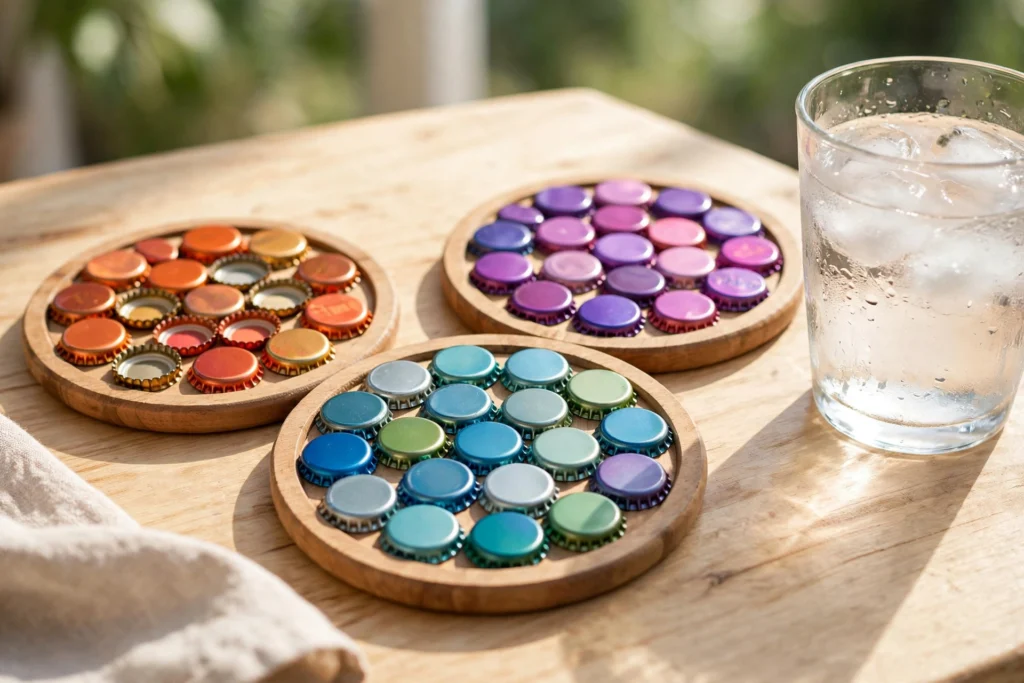 Sottobicchieri artigianali a mosaico di tappi a corona colorati