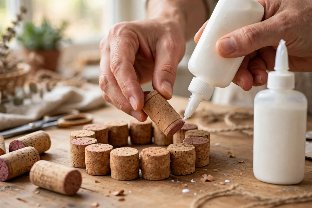 Mani che incollano tappi di sughero per creare un sottopentola artigianale