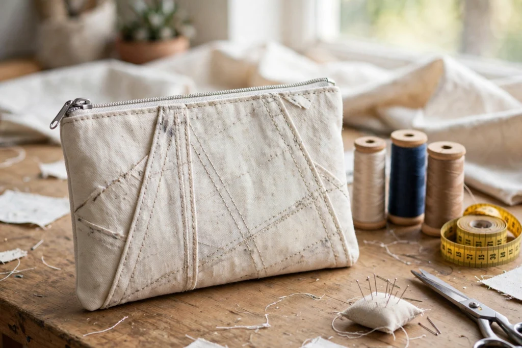 Pochette e astuccio in tessuto velico bianco riciclato